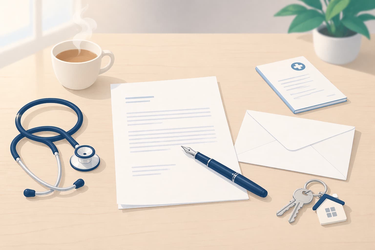 Lettre de préavis, stéthoscope et certificat médical sur un bureau — résiliation de bail pour raison de santé