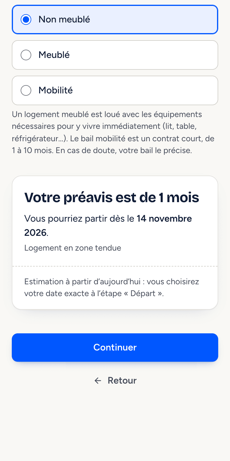 Écran de l'application : « Votre préavis est de 1 mois », départ possible dès le 14 novembre 2026, logement en zone tendue.