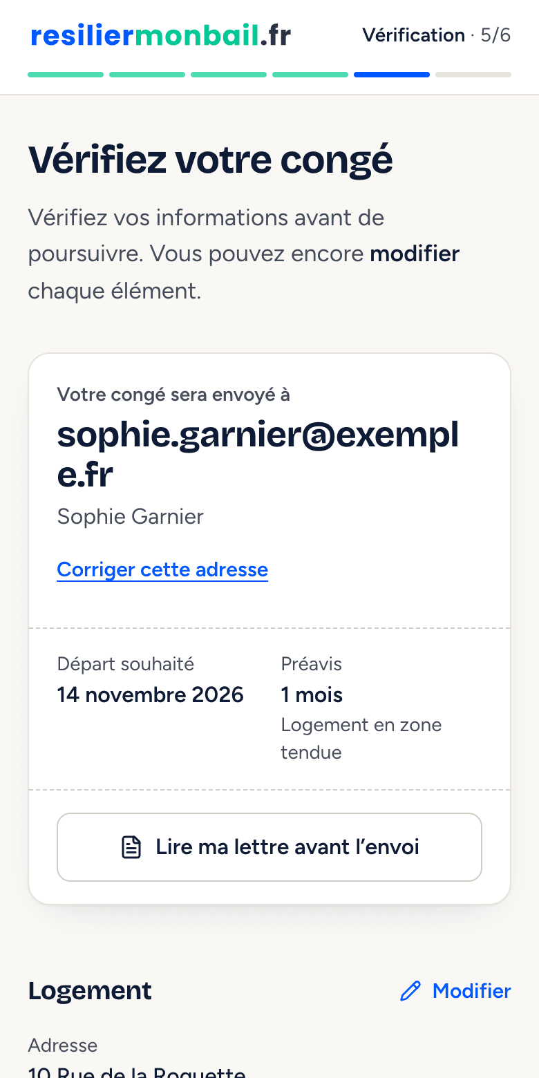 Écran de l'application : récapitulatif, « Votre congé sera envoyé à » suivi de l'adresse email du bailleur, de la date de départ et du préavis.