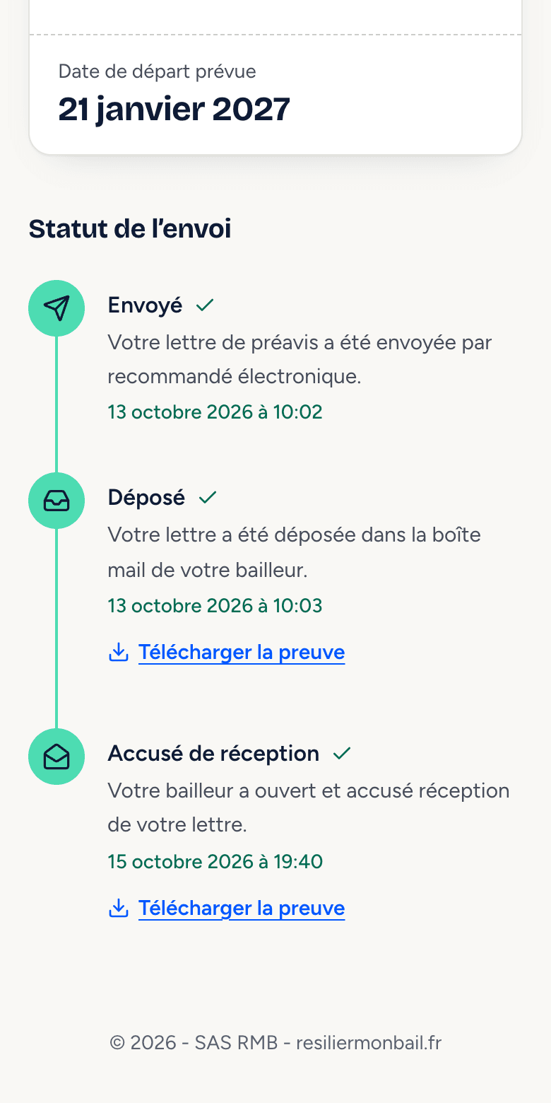 Page de suivi : envoyé, déposé, accusé de réception, chaque étape datée avec sa preuve à télécharger.